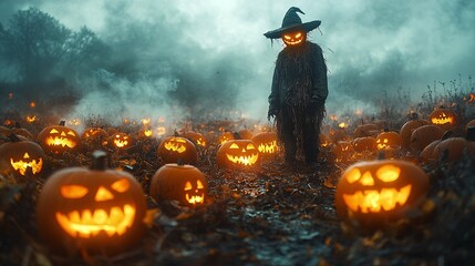 a creepy scarecrow standing in a foggy pumpkin patch with glowing jack-o-lanterns at its feet