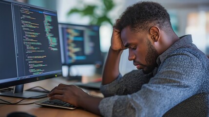 engineer staring at computer screen, error message visible, coding environment, hands on keyboard. a