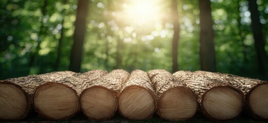 Poster - stacked wooden logs in a forest