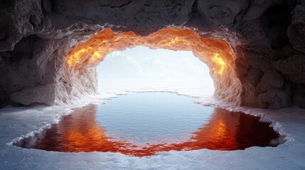 Canvas Print - Glowing cave with fiery water reflection