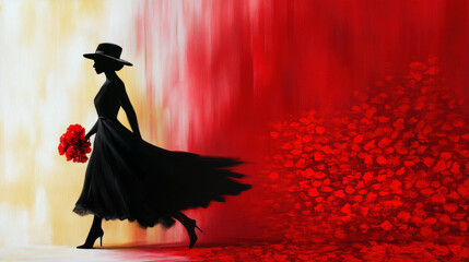 A stunning silhouette of a woman in a flowing black dress, gracefully holding a bouquet of vibrant red flowers against a backdrop of soft hues.