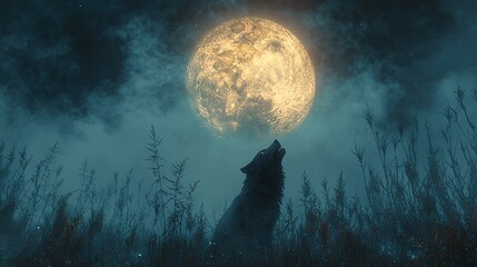 a full moon night with a silhouetted werewolf howling at the sky in a dark forest