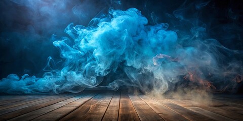 Ethereal blue and white smoke swirls over a dark wooden floor, creating a dramatic and mysterious ambiance.