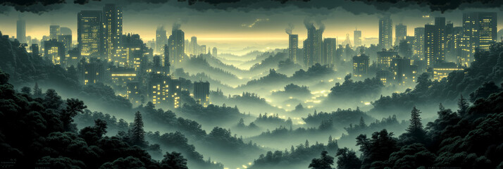 Poster - City lights peek through the misty forest.