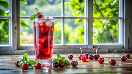 Wall Mural - A tall glass filled with a refreshing cherry drink, garnished with fresh cherries and ice, sits on a rustic wooden surface, capturing the essence of summer and delicious flavors.