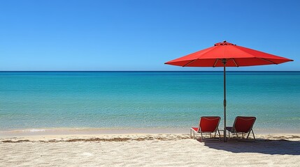 A vibrant red beach umbrella provides shade for two empty chairs on a pristine white sandy beach overlooking a tranquil turquoise ocean with a clear blue sky