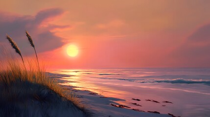 Wall Mural - 20. A digital painting of a serene beach at sunrise