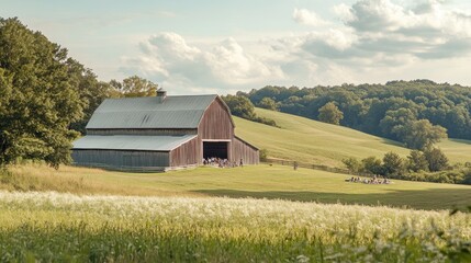 Sticker - Rustic Barn in a Rolling Green Field