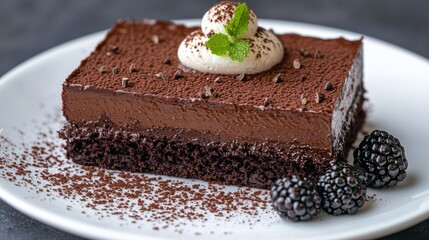 Wall Mural - Decadent chocolate cake with whipped cream and blackberries