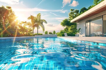 Swimming pool with sun loungers on the background of the sea.