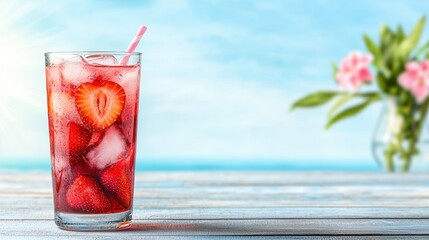 Poster - refreshing strawberry cocktail on wooden table