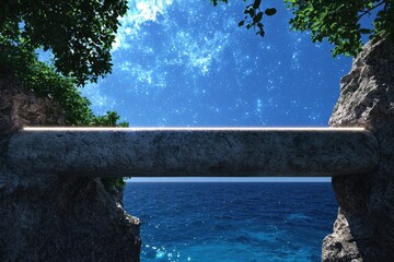 Wall Mural - Serene ocean view framed by lush foliage and starry sky