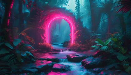 Enigmatic Neon Portal in a Misty Jungle Dreamscape