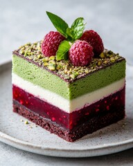 Wall Mural - Delicious layered dessert with green matcha mousse, red raspberry jelly, and crunchy pistachio topping