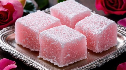 Canvas Print - Delicious pink turkish delight candy cubes on a silver tray