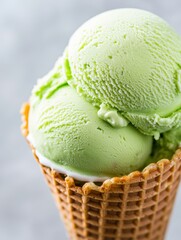 Wall Mural - close-up of a scoop of green tea ice cream in a waffle cone