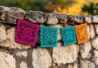 Poster - Colorful mexican paper decorations hanging on a stone wall