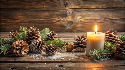 Wall Mural - A single candle burning bright with pine cones and fir branches on a rustic wooden background