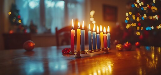 A menorah with lit candles on a table, surrounded by festive decorations.