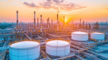 Aerial view of an industrial oil refinery at sunset with storage tanks and smokestacks.