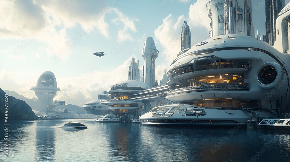 Artistic floating city images with detailed blueprints of interconnected residential areas