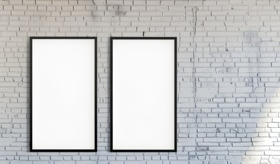 two large empty photo frames on a brick wall. space for text