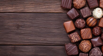 Wall Mural - Assortment of delicious chocolate candies on wooden background