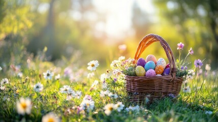 Sunny meadow with an Easter basket filled with colorful eggs, surrounded by spring flowers.