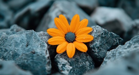 Poster - vibrant orange flower blooming on rocky surface