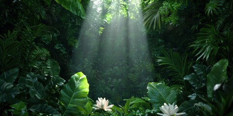 Wall Mural - Lush tropical rainforest with sunlight beams