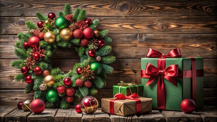 Wall Mural - A festive Christmas wreath adorned with red and gold ornaments and pine cones, accompanied by three wrapped gifts with red ribbons, all set against a rustic wooden background.