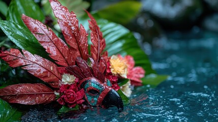 Poster - Vibrant tropical flower arrangement with mask