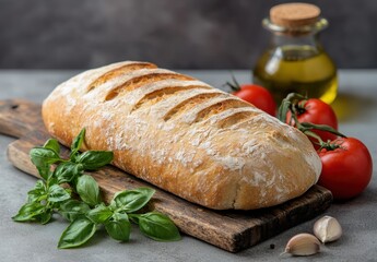 freshly baked bread with tomatoes and basil on wooden board