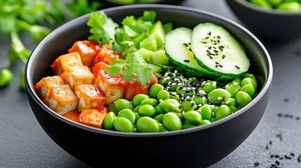 Wall Mural - Colorful Healthy Bowl with Tofu and Green Vegetables