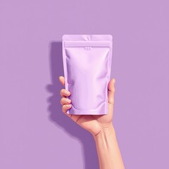 A hand holding a stylish matte lavender pouch against a soft purple background, perfect for showcasing packaging design in cosmetics, food, and retail industries.