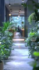 Poster - A long hallway lined with lush greenery, creating a tranquil atmosphere.