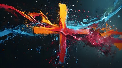 Wall Mural - 13. An abstract cross design made from flowing paint splashes, creating a dynamic sense of movement