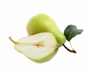 Poster - Fresh ripe pears with green leaf isolated on white