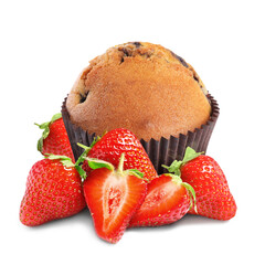 Canvas Print - Yummy muffin with strawberries isolated on white