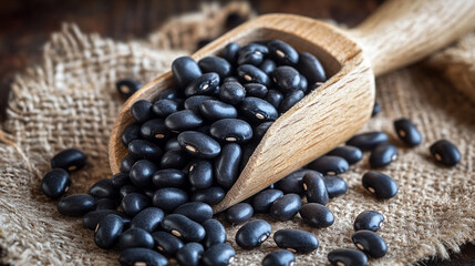 black beans in wooden scoop.