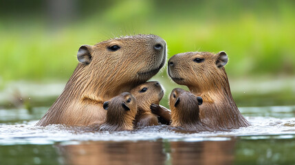 Wall Mural - Capybara family happily playing in the water