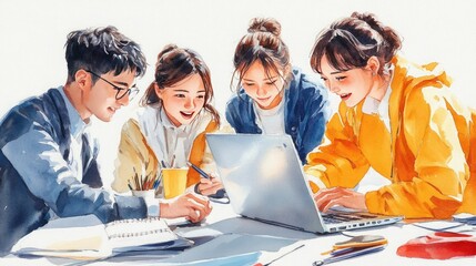 A bright and lively scene of four young people studying together, engaged in a collaborative learning experience around a laptop.