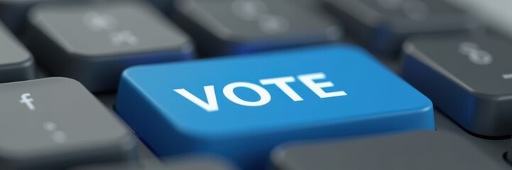 Wall Mural - Close-up of a blue keyboard key labeled VOTE, symbolizing digital democracy, online voting, and civic engagement in modern technology-driven societies.