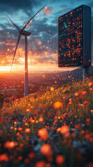 Poster - Wind turbine and digital display at sunset.