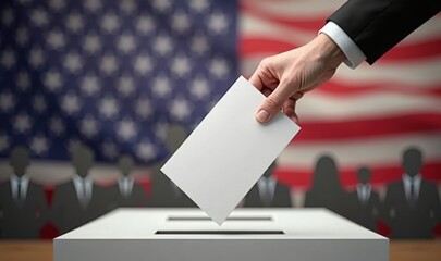 Wall Mural - A voter casting a ballot, symbolizing civic engagement and democracy, against a backdrop of the American flag and silhouettes representing diverse citizens.