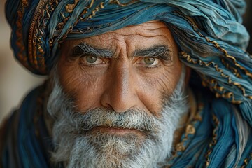 Documentary photo of a mature, Middle Eastern man wearing a traditional turban. Arab man portrait. 
Biblical character