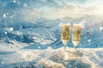 Glasses of champagne on the background of snow-capped mountains