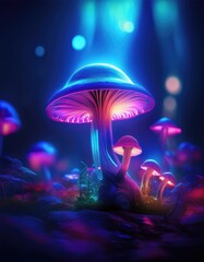 Canvas Print - Glowing mushrooms in a dark forest