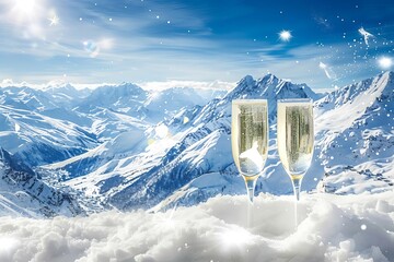 Glasses of champagne on the background of snow-capped mountains