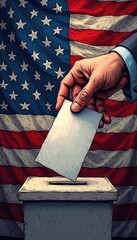 Wall Mural - A hand casting a ballot into a ballot box with an American flag backdrop, symbolizing democracy and civic duty.